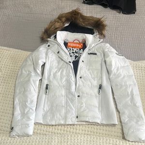 Superdry XXS winter goose-down puffer jacket in white with fur hood